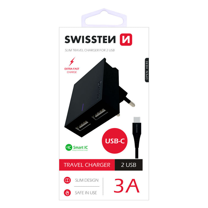 Swissten - Travel Charger Smart IC 3A 2xUSB (black)