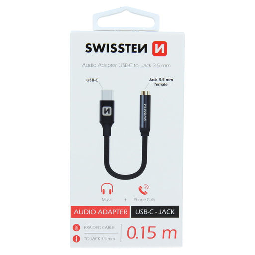 Swissten - Textile Adapter USB-C to mini-jack (15cm-black)