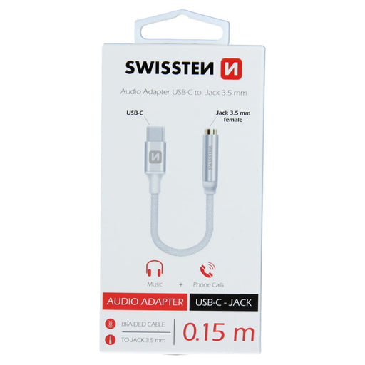 Swissten - Textile Adapter USB-C to mini-jack (15cm-white)