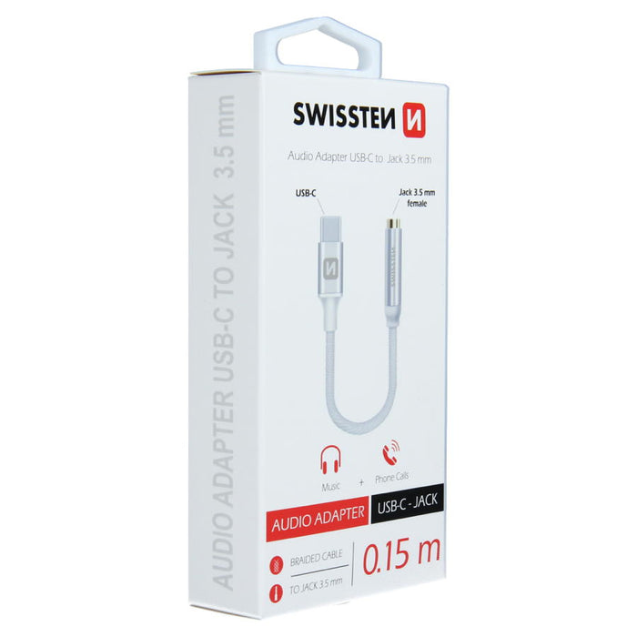 Swissten - Textile Adapter USB-C to mini-jack (15cm-white)