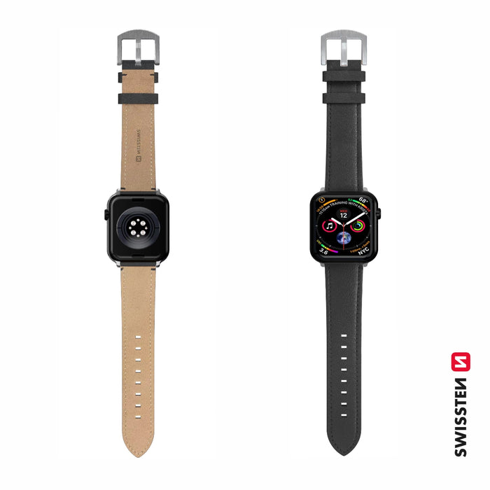 Swissten - Leather Band for Apple Watch 42-49mm (black/sv)