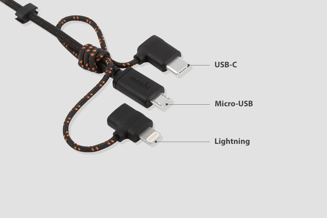 Cabo USB Universal 3-em-1 (Lightning + micro-USB + USB-C) 1m Moshi - Preto