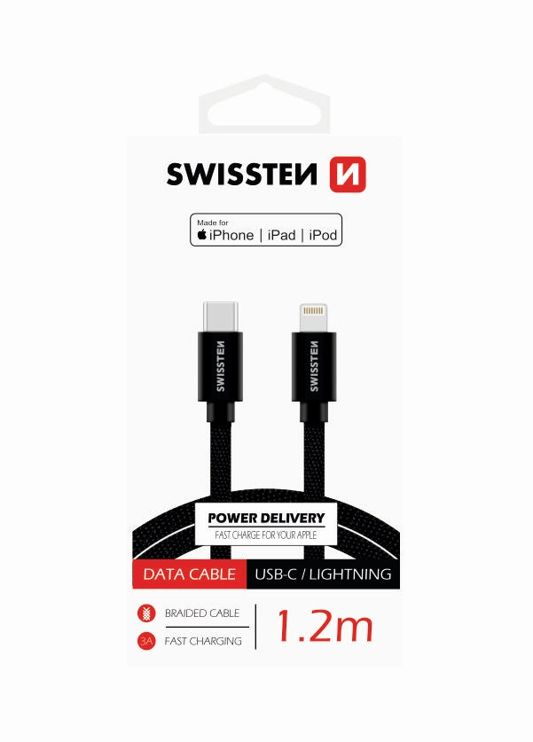 Swissten - Textile Cable USB-C - Lightning (1.2m-black) 