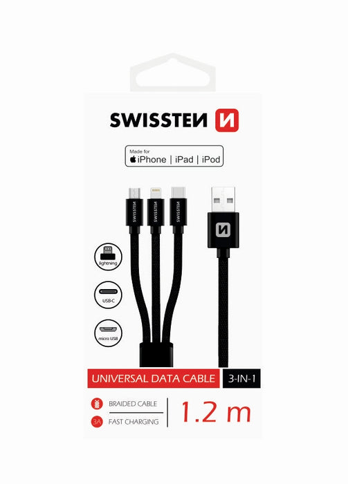 Swissten - Textile 3-in-1 Cable (1.2m-black)