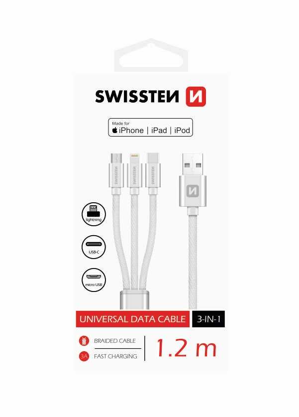 Swissten - Textile 3-in-1 Cable (1.2m-silver)